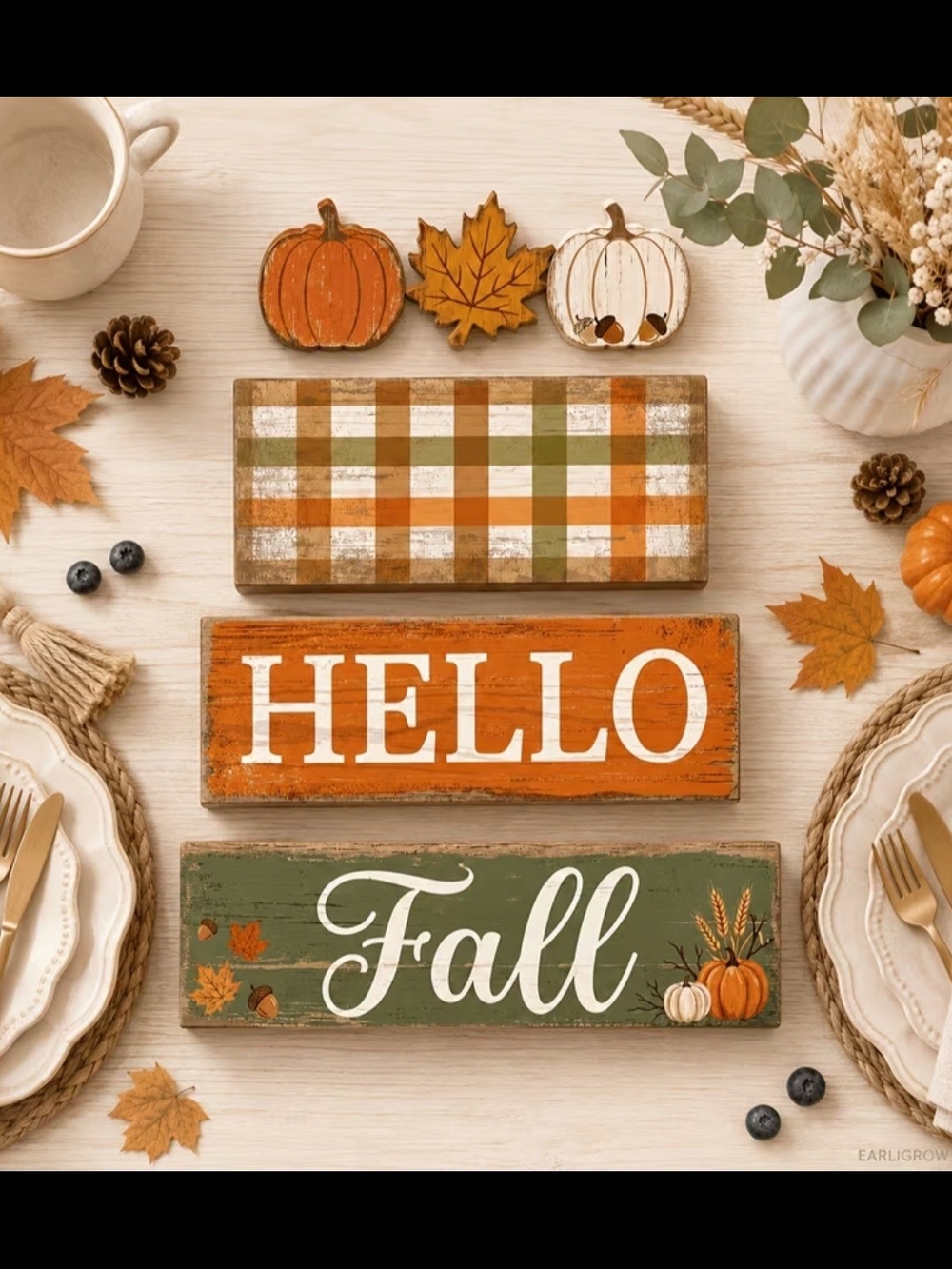 Hello Fall Wooden Block Decor - Orange & Green - Picture 2 of 4